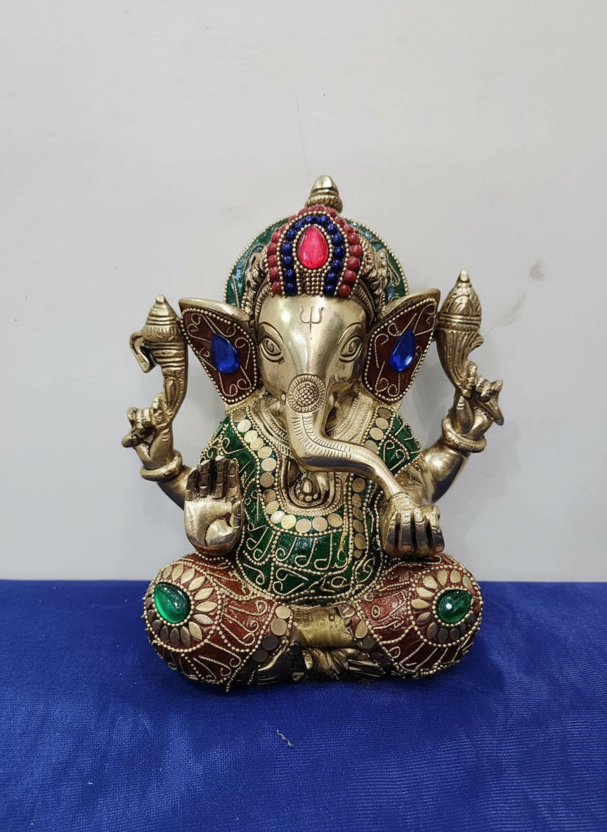 brass with stonework sitting ganesh statue for home décor/ gift item